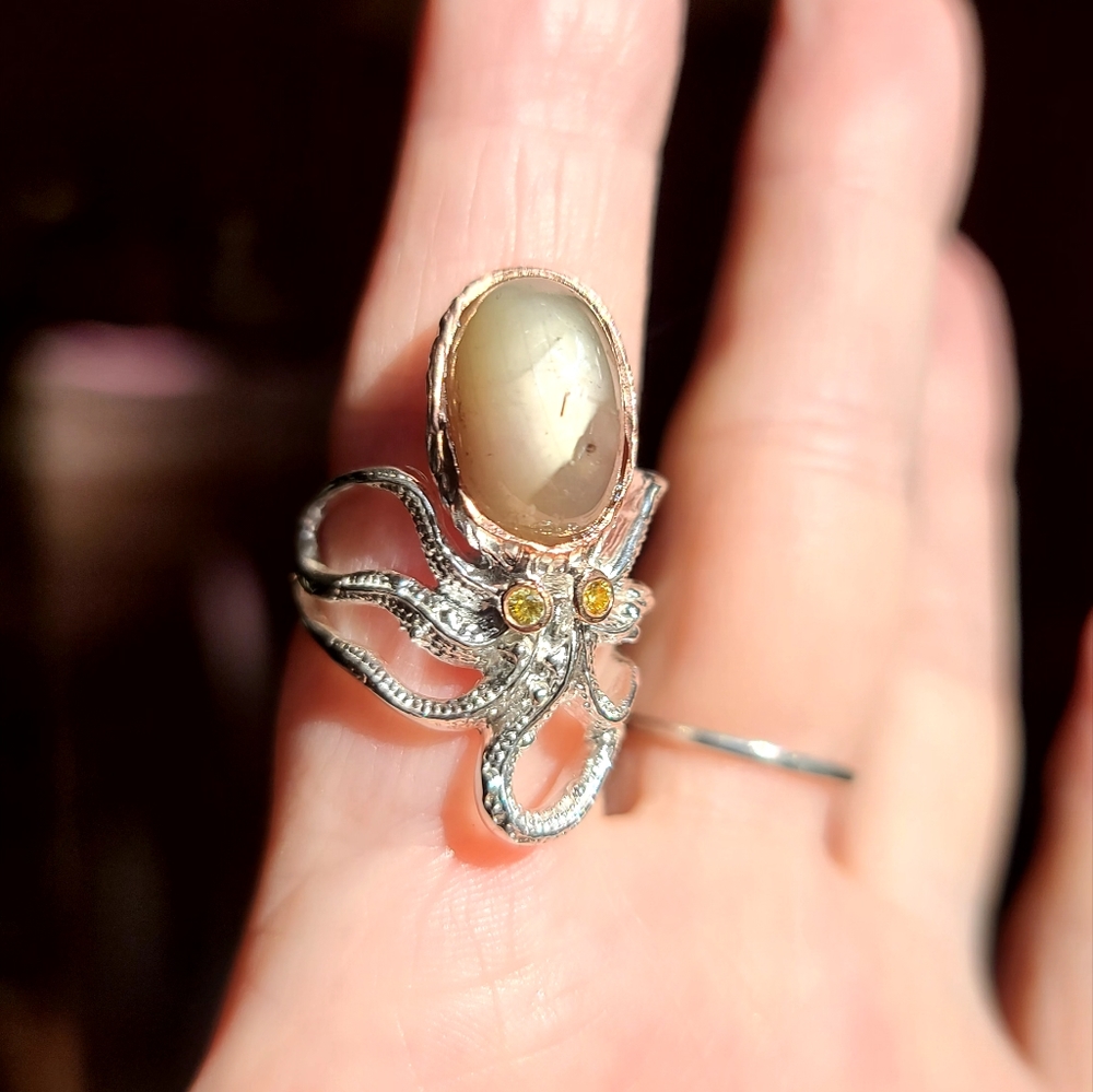 COPY - Star Sapphire RARE green color &Citrine Sterling Octopus 🐙 ring sz8 - Picture 7 of 7